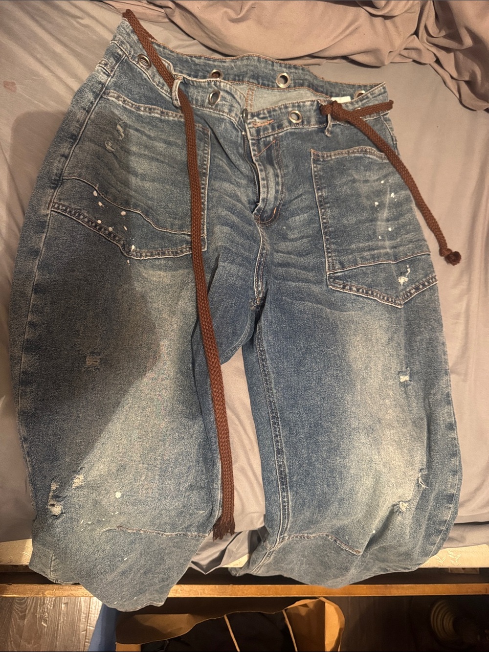 womens Distressed Blue Denim Jeans with Brown Drawstring Belt
